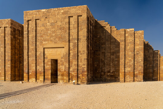 Massive limestone wall enclosing the entire necropolis and step pyramid for Djoser in Saqqara Egypt