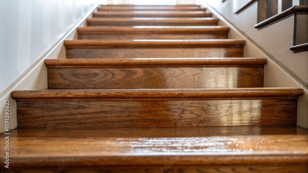 Poster a medium closeup of the stair treads showcasing the rich texture of the wood and the subtle sheen fr