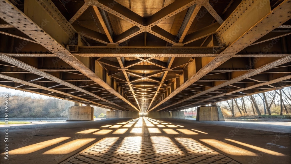 Leinwandbilder A medium closeup of the underside of a beam bridge exposing layers of beams and their connections with sunlight filtering through creating a geometric pattern on the ground.