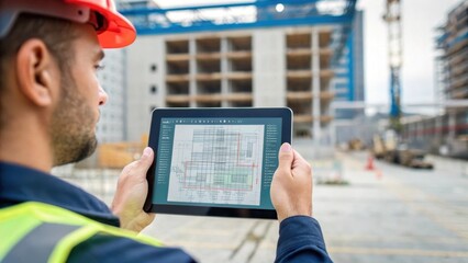 A medium closeup of the worker consulting a digital tablet displaying the scanned data overlay on the buildings plan emphasizing the fusion of digital analysis and realworld
