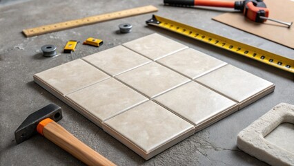 A medium closeup of the tile ters base revealing robust stability as it rests on a work surface surrounded by tered tools and materials used for tiling.