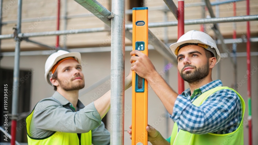 Poster A medium closeup of two workers collaborating one holding a level to ensure the scaffolding is straight while the other adjusts a vertical post highlighting teamwork in