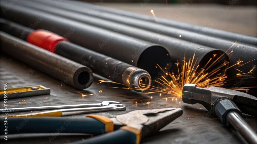 Poster A medium closeup of various tools lying beside a pipe with one tool actively applying pressure to the pipe capturing the moment of transformation with fragments of sparks flying in
