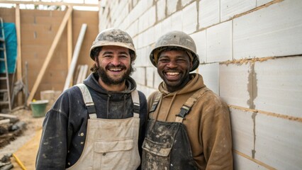 Fototapeta premium A medium closeup of two workers sharing a moment of laughter while standing next to a partially constructed wall their protective gear covered in dust conveying a lighter side to