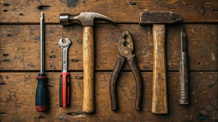 A medium closeup of various hand tools laid on a weathered wooden workbench each marked with signs of frequent use reflecting the daily grind and the artistry of construction in