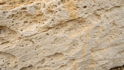 A medium closeup of weathered limestone revealing its porous surface adorned with natural grooves and subtle color variations emphasizing its organic patterns and soft earth tones.