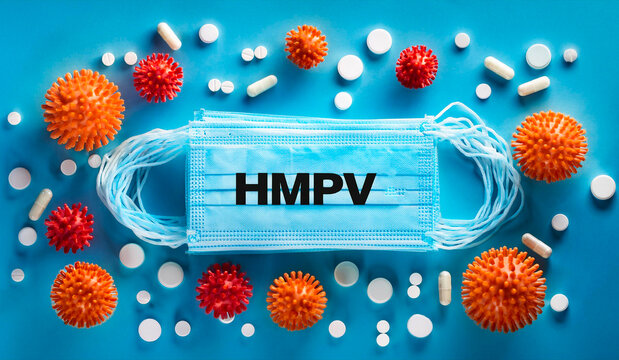 Human metapneumovirus, hmpv, treatment and prevention concept with surgical mask and pills