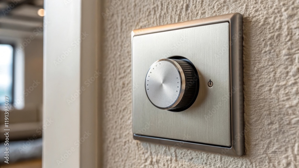 Poster A medium closeup on the face of a dimmer switch capturing its sleek design featuring a smooth rotating dial and surrounding wall texture highlighting the modern aesthetic of home