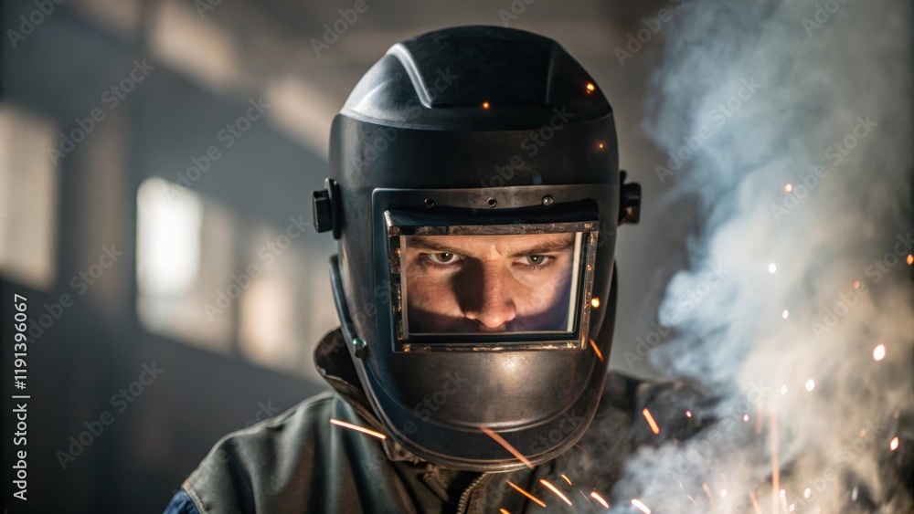 Poster a medium closeup perspective of a welding helmet lifted slightly revealing a determined welders face