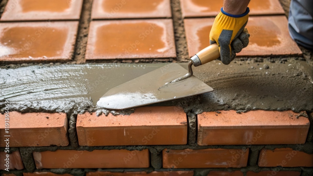 Poster a medium closeup perspective from above showing a trowel spreading a layer of mortar over the bricks
