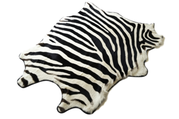 Zebra skin rug with bold black and white stripes displayed on a smooth surface indoors
