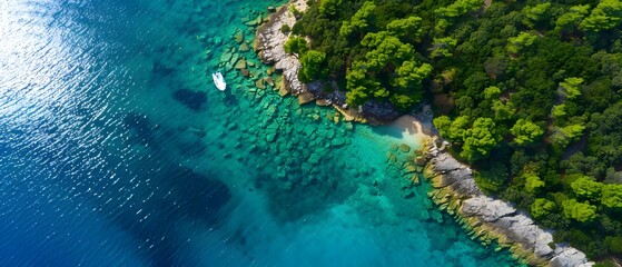 Serene Aerial View of Clear Tropical Waters and Lush Green Coastline