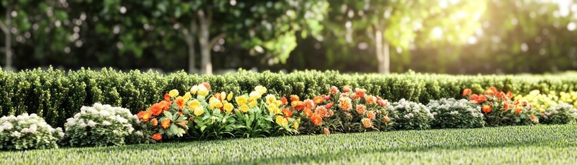 Vibrant Flower Bed in Sunlit Garden Surrounded by Lush Greenery and Blooming Plants