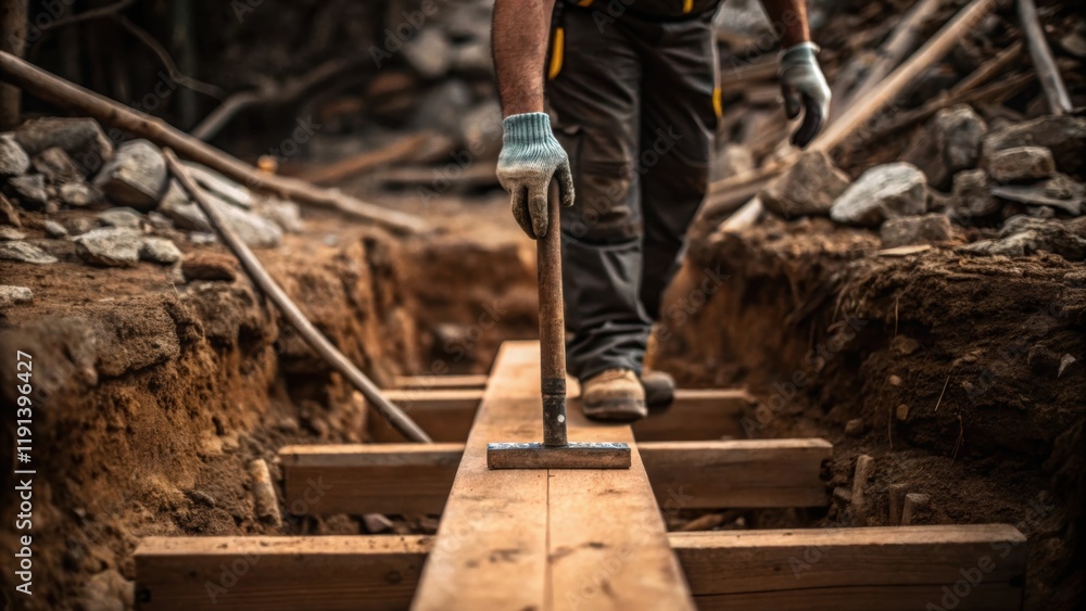Aufkleber A medium closeup shot of a construction workers gloved hand gripping a tool as he stands on a makeshift wooden platform while the chaotic intermingling of soil rocks and exposed