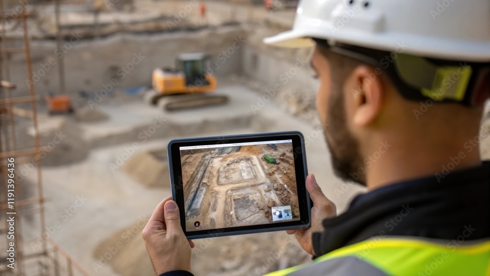 Leinwandbilder a medium closeup shot of a construction worker using a tablet to monitor realtime footage from a dro