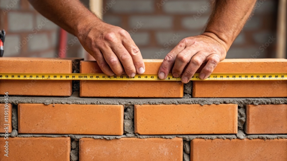 Poster a medium closeup shot of a construction workers hands carefully laying brick with measured precision