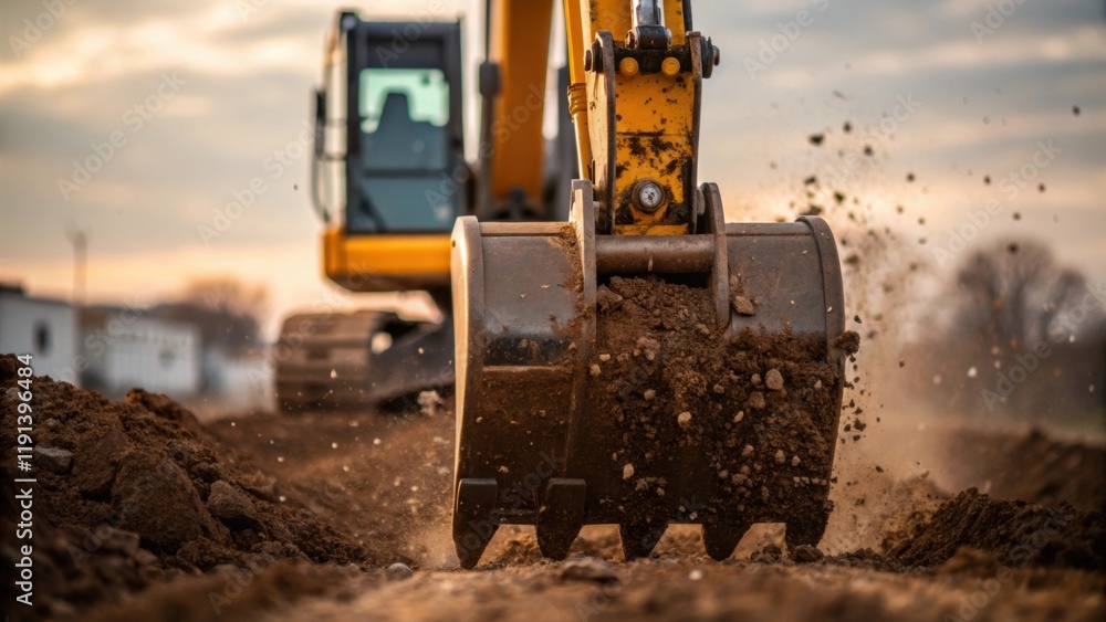 Poster a medium closeup shot of an excavator claw digging into the earth dirt and debris flying as the oper