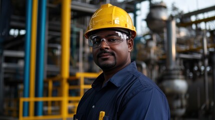 A man in a yellow helmet stands in front of a large industrial plant