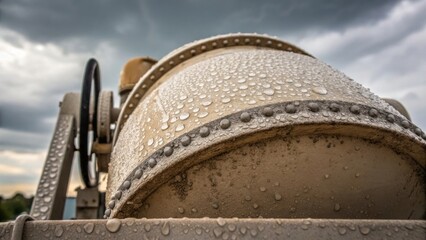 A medium closeup shot of a dusty concrete mixer with large beads of rainwater collecting on the rim providing a glimpse into the intersection of machinery and weather.