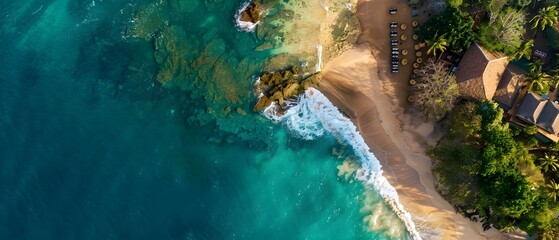 Obraz premium Serene Aerial View of Tropical Beach with Clear Water and Lush Palm Trees