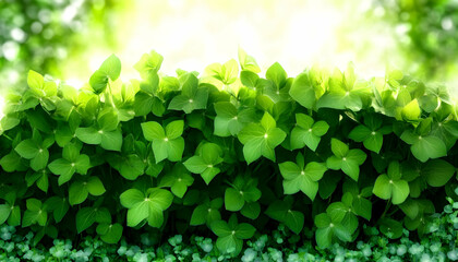Lush green clover leaves border, sunny garden background, spring nature scene, ideal for website banners or greeting cards