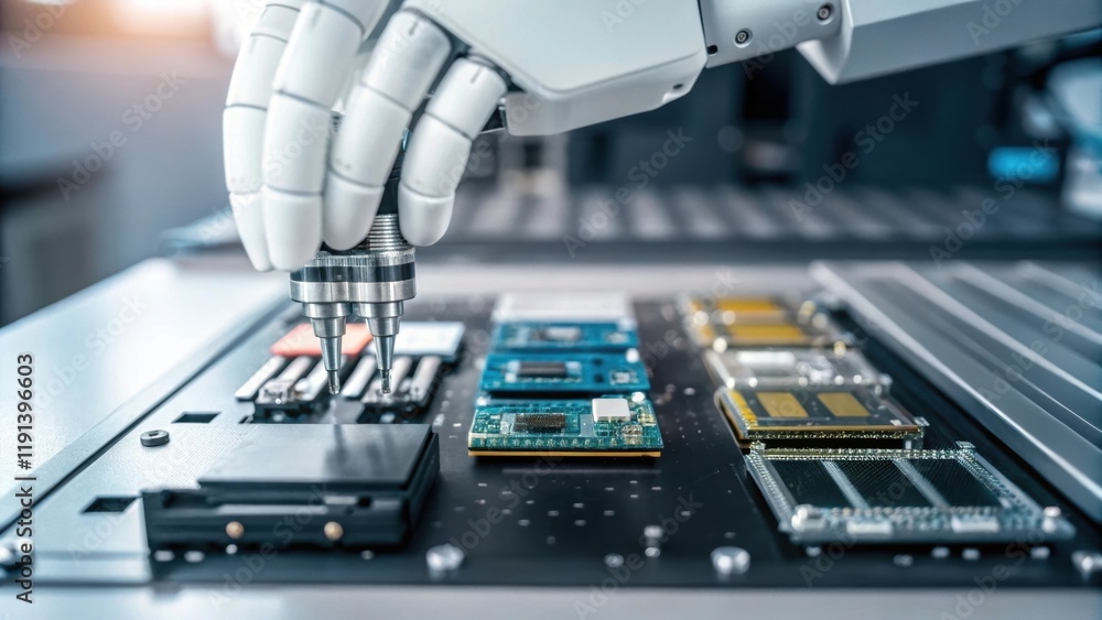 Aufkleber a medium closeup showcasing a robotic hand delicately manipulating small electronic components empha