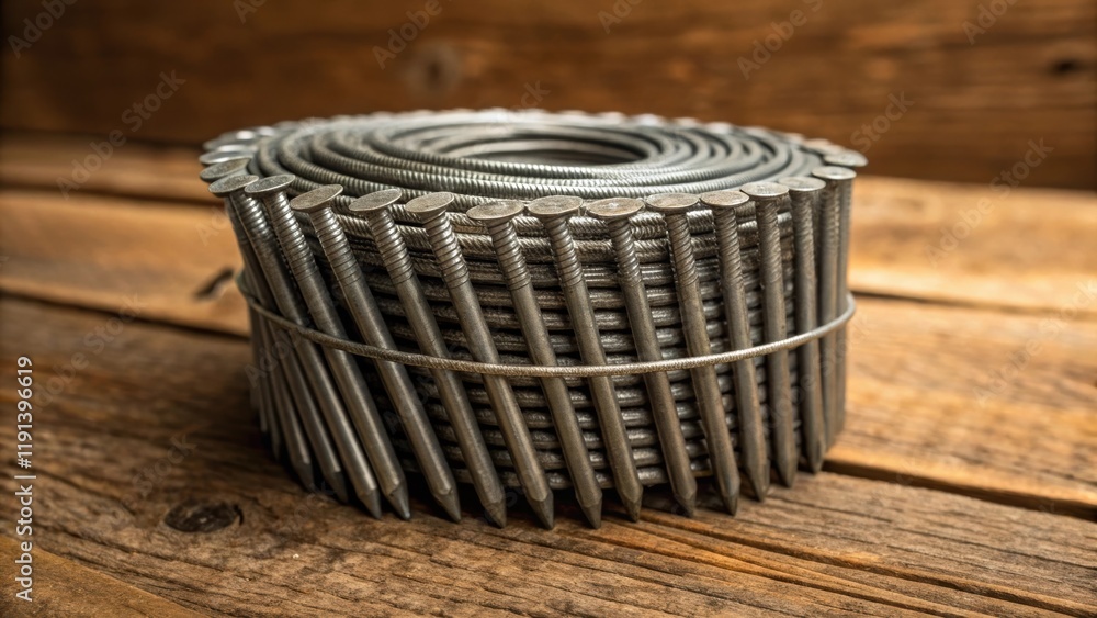 Aufkleber a medium closeup showcasing a coil of wire nails set against a rustic wooden background highlighting