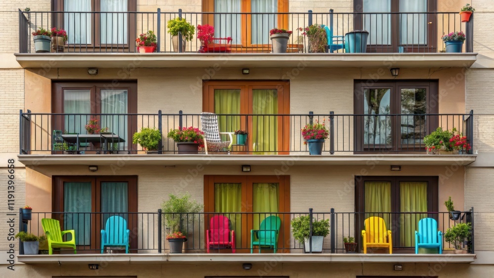 Poster A medium closeup showcasing a series of balconies with mismatched railings and eclectic furniture displaying a casual inviting atmosphere reflective of a playful urban lifestyle.