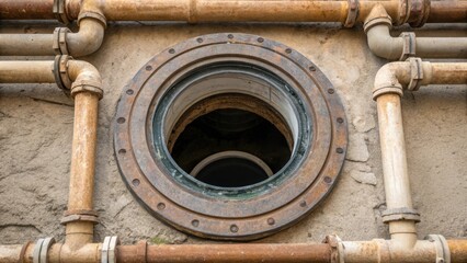 A medium closeup showcasing a plumbing inspection point featuring a circular opening lined with rubber gaskets surrounded by branching pipes that display subtle variations in
