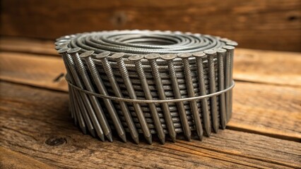 A medium closeup showcasing a coil of wire nails set against a rustic wooden background highlighting the smooth elongated shafts and the slight curve of their pointed ends.