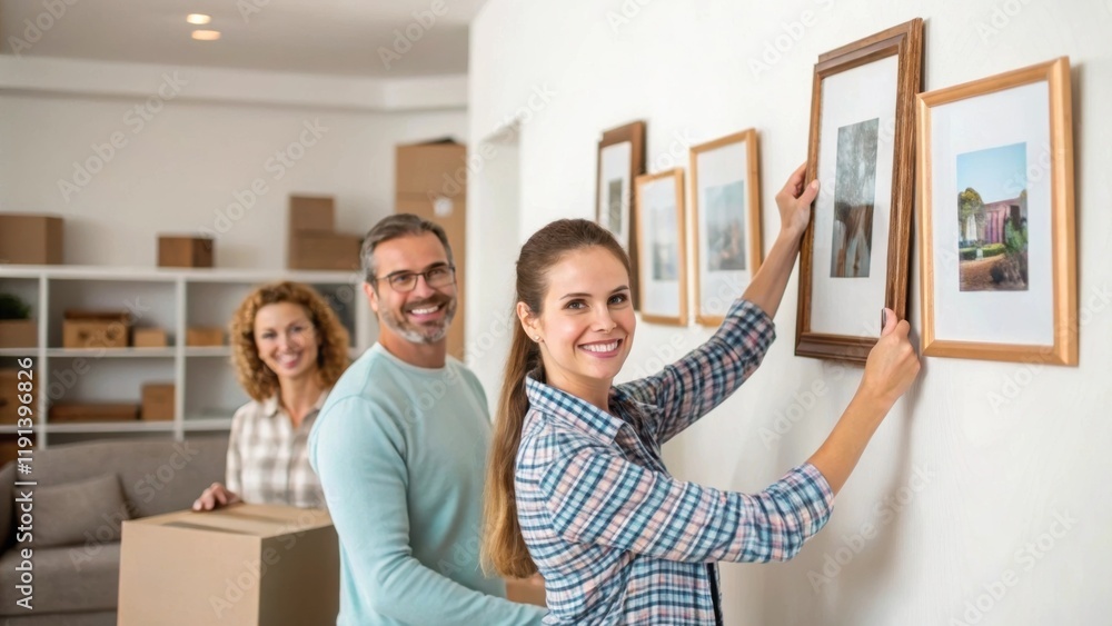 Poster a medium closeup showing a family arranging framed photos on a wall in their new living room capturi