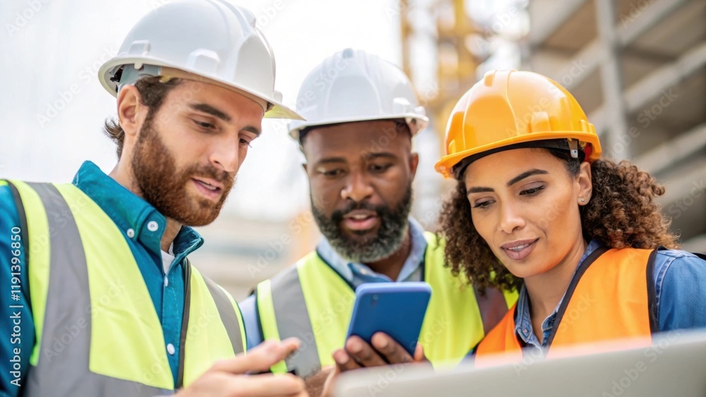Aufkleber A medium closeup showing a group of diverse workers collaborating on a site with one using a smartphone to communicate realtime updates reflecting teamwork facilitated by