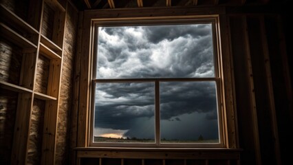 A medium closeup showcasing the reflection of dark storm clouds swirling ominously in the window evoking a sense of foreboding as unfinished walls loom in the background embodying
