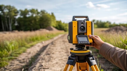 A medium closeup showing a technician carefully setting up the laser scanner on uneven terrain with a focus on the devices leveling mechanism and the surrounding natural landscape.