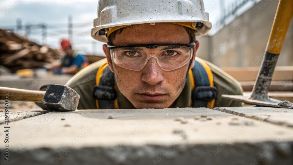 Poster a medium closeup that captures the focused expression on the workers face sweat glistening on their 