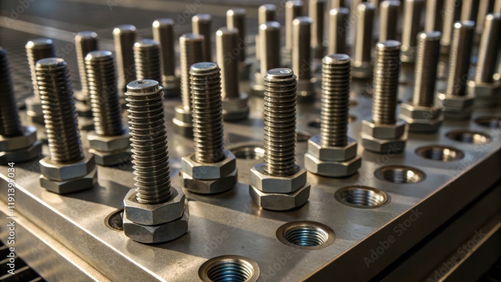 Poster A medium closeup view of a mechanical assembly where multiple bolts are meticulously assembled in a grid pattern highlighting the intricate interplay of shadows and textures on the