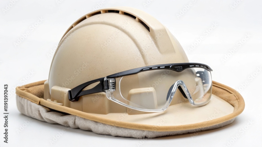 Poster a medium closeup view of a hard hats inner padding designed for comfort paired with a pair of safety