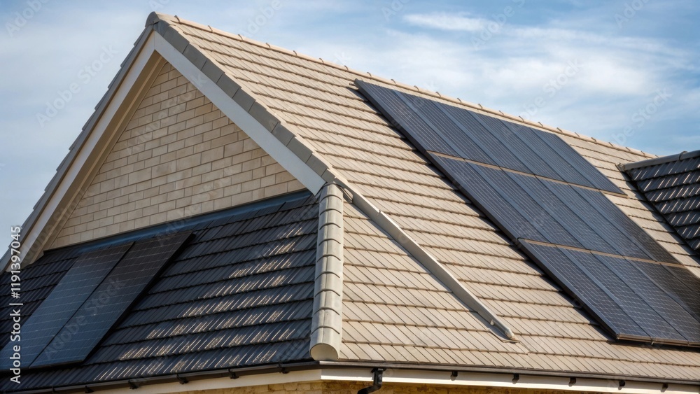 Aufkleber a medium closeup view of a traditional pitched roof where half of the surface is adorned with dark t
