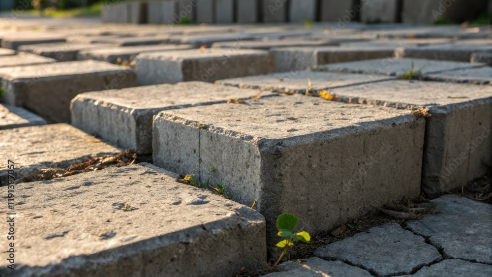 Aufkleber A medium closeup view of interlocking concrete blocks revealing the rough uneven surfaces and the play of light across their edges. Cracks and small patches of vegetation hint at