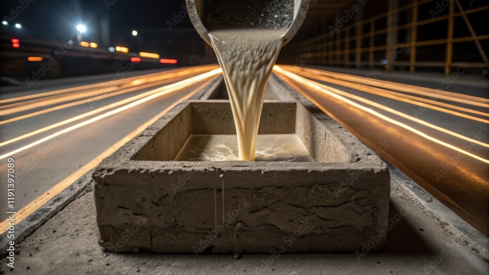 Aufkleber A mesmerizing loop of concrete pouring into a mold captured in a fluid stream of motion where the materials texture contrasts with the ethereal light trails surrounding it.
