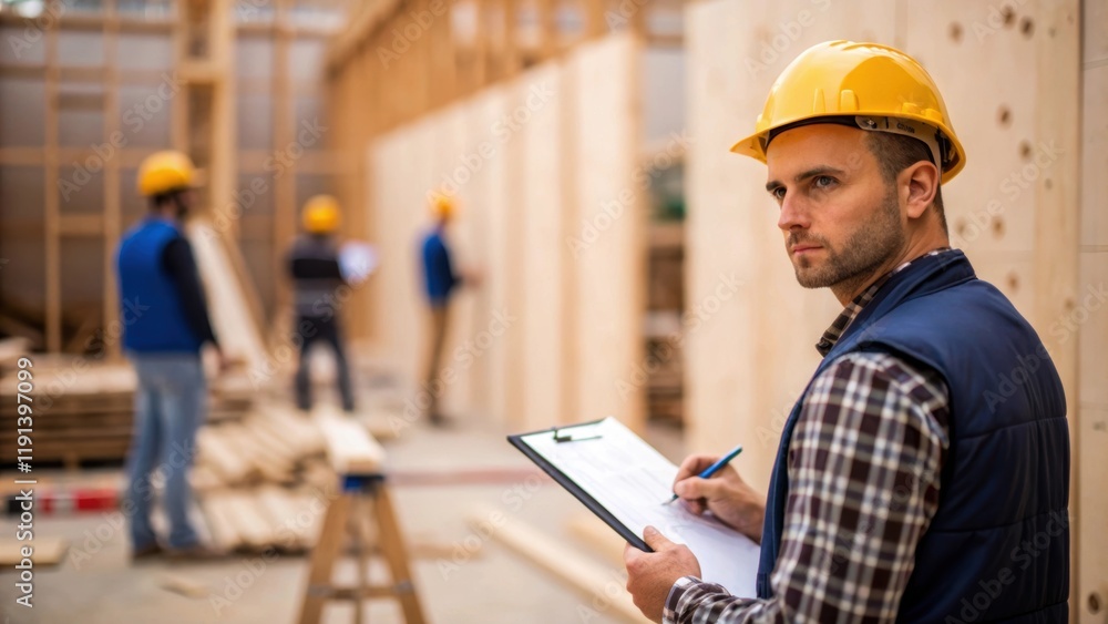 Poster a midshot of an inspector with a clipboard taking notes while observing workers framing a wall the c