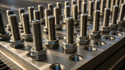 A medium closeup view of a mechanical assembly where multiple bolts are meticulously assembled in a grid pattern highlighting the intricate interplay of shadows and textures on the