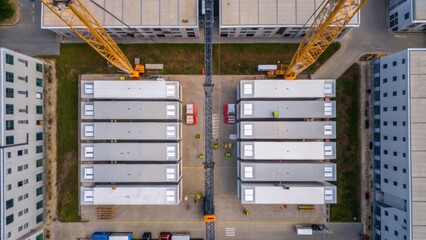 An aerial medium closeup of a construction site where cranes are lifting modular sections into place showcasing the speed and coordination involved in onsite assembly processes.