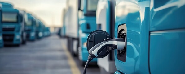A close-up of an electric vehicle charging port on the side of a blue truck, with other trucks lined up in the background