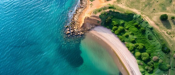 Aerial View of Serene Beach and Lush Green Landscape by the Ocean