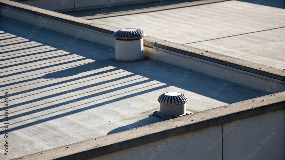 Poster An artistic closeup of a flat roof edged with concrete parapets where a small ventilation fan spins gently in the breeze. The stark lines of the structure are softened by the
