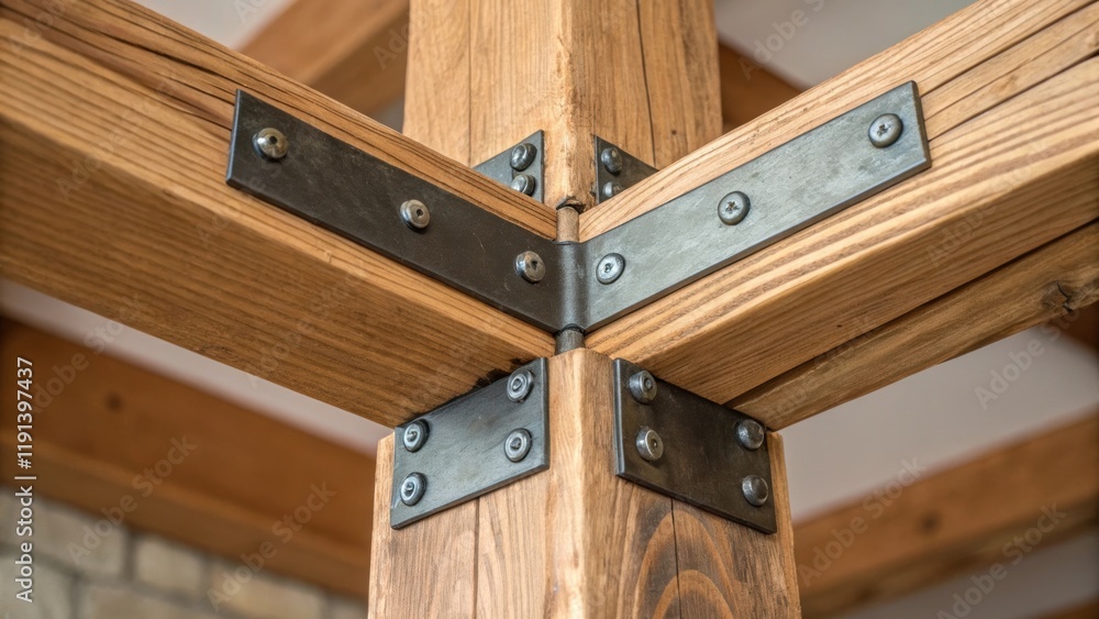 Poster an artistic closeup of the intersection of two wooden beams joined by metal brackets emphasizing the