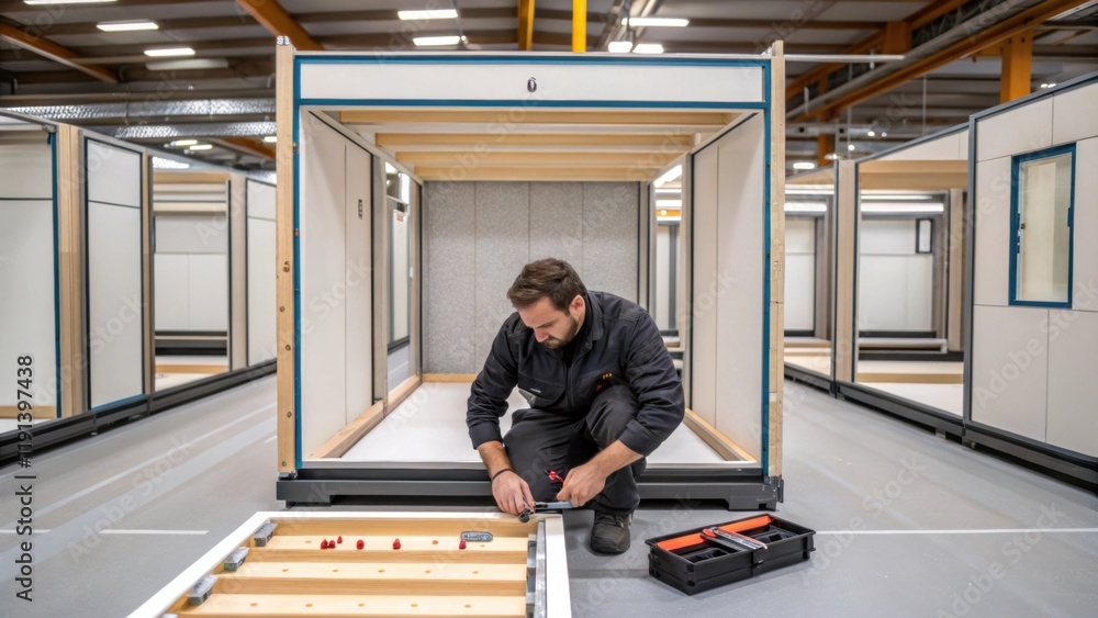 Poster An assembly worker carefully securing insulation within a prefabricated room module highlighting the intricate details and craftsmanship required for energy efficiency and comfort.