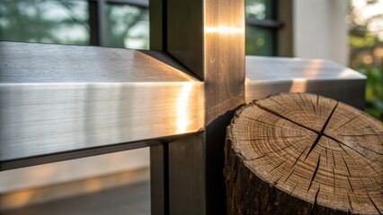 Fototapeta premium An artistic closeup capturing the interplay of light and shadow on a polished metal surface with a rough timber crosssection visible in the corner illustrating a juxtaposition of