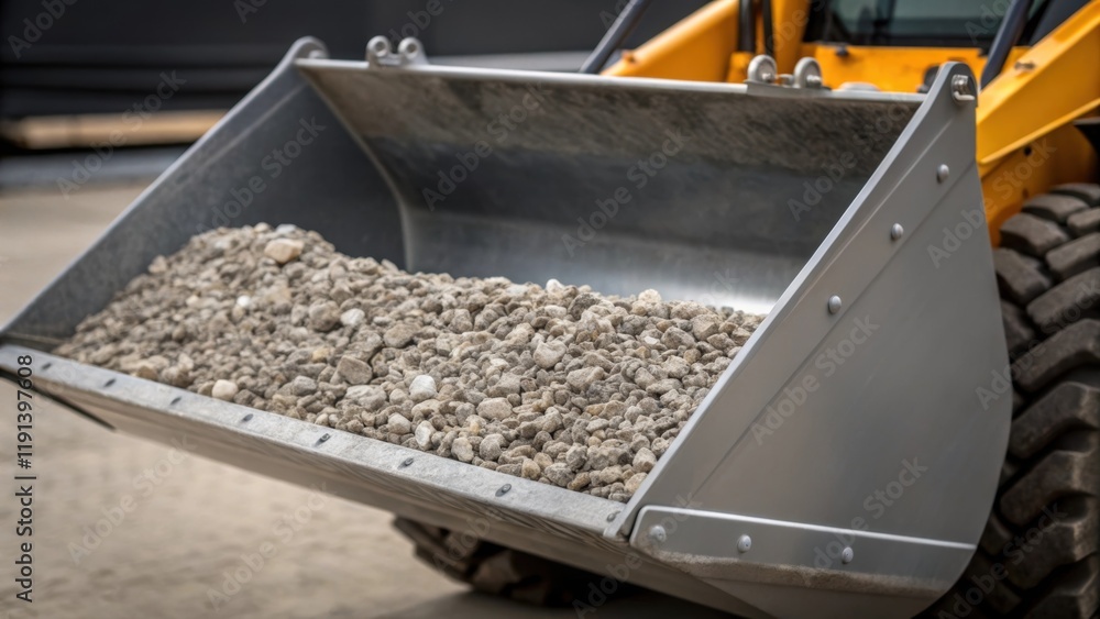 Poster an image capturing the telehandlers bucket attachment filled with a load of loose aggregate. the det